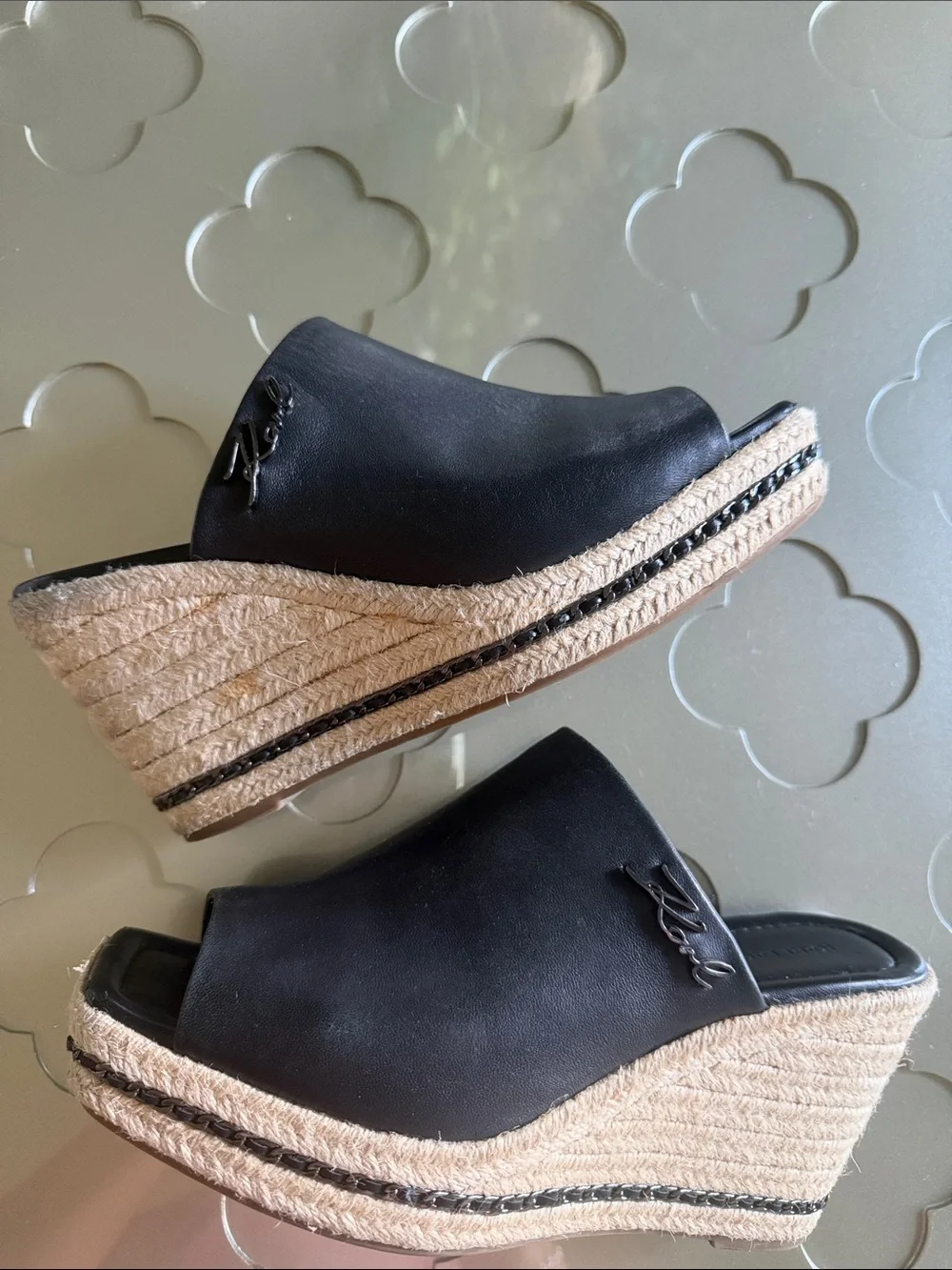 KARL LAGERFELD Corissa Black Leather Espadrille Platform Wedge Sandals 8.5 Women